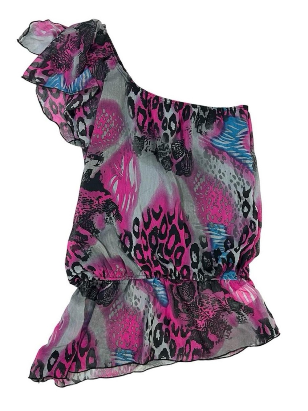 Y2K Pink Animal Print One Shoulder Ruffle Mesh Peplum Top